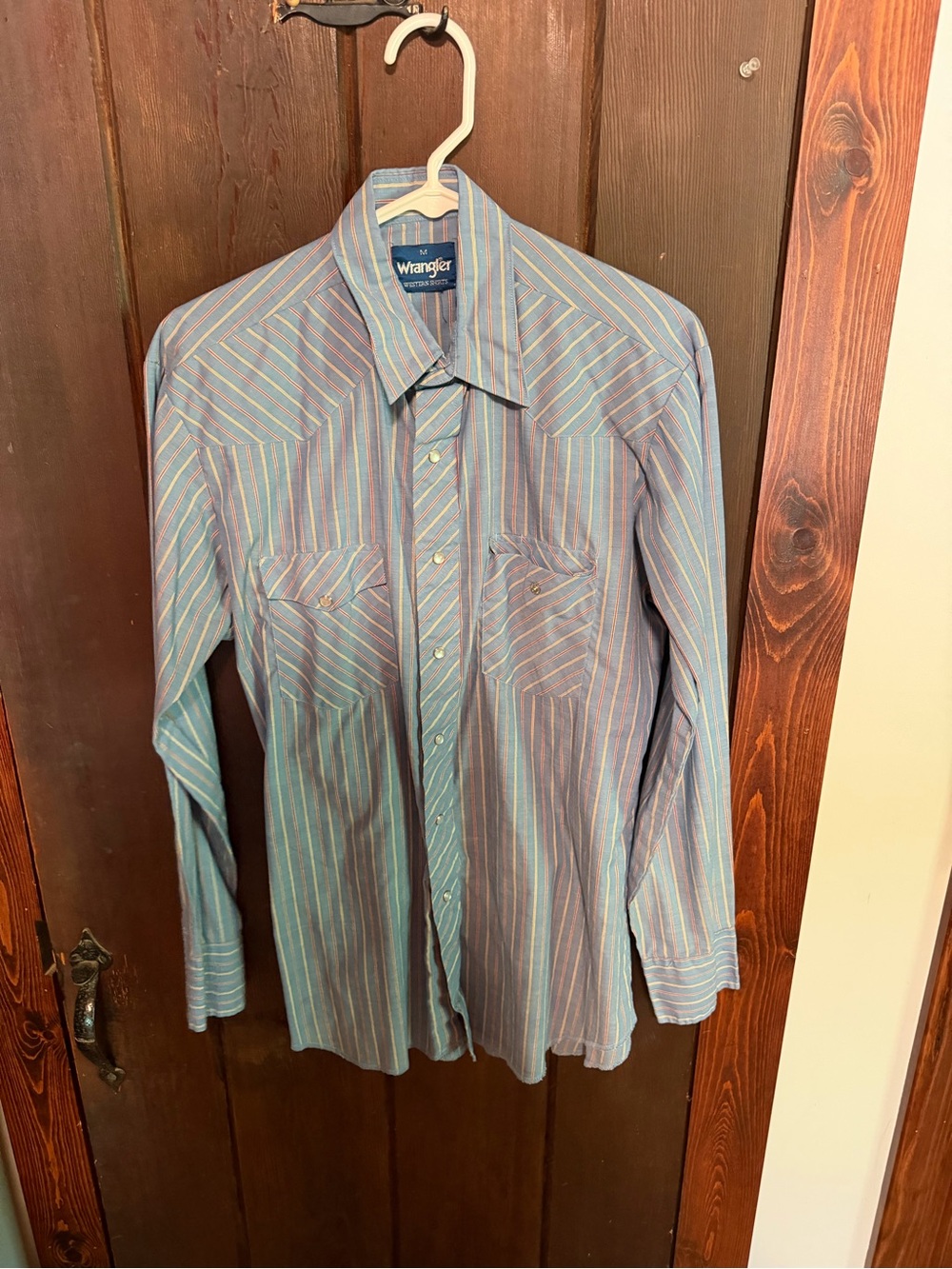 Vintage Wrangler Men's Teal and Pink Striped Western Button-Down Shirt